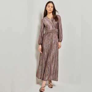 Misook Bishop Sleeve Jacquard Knit Maxi Dress | Medium | Mahogany/Venetian Rose